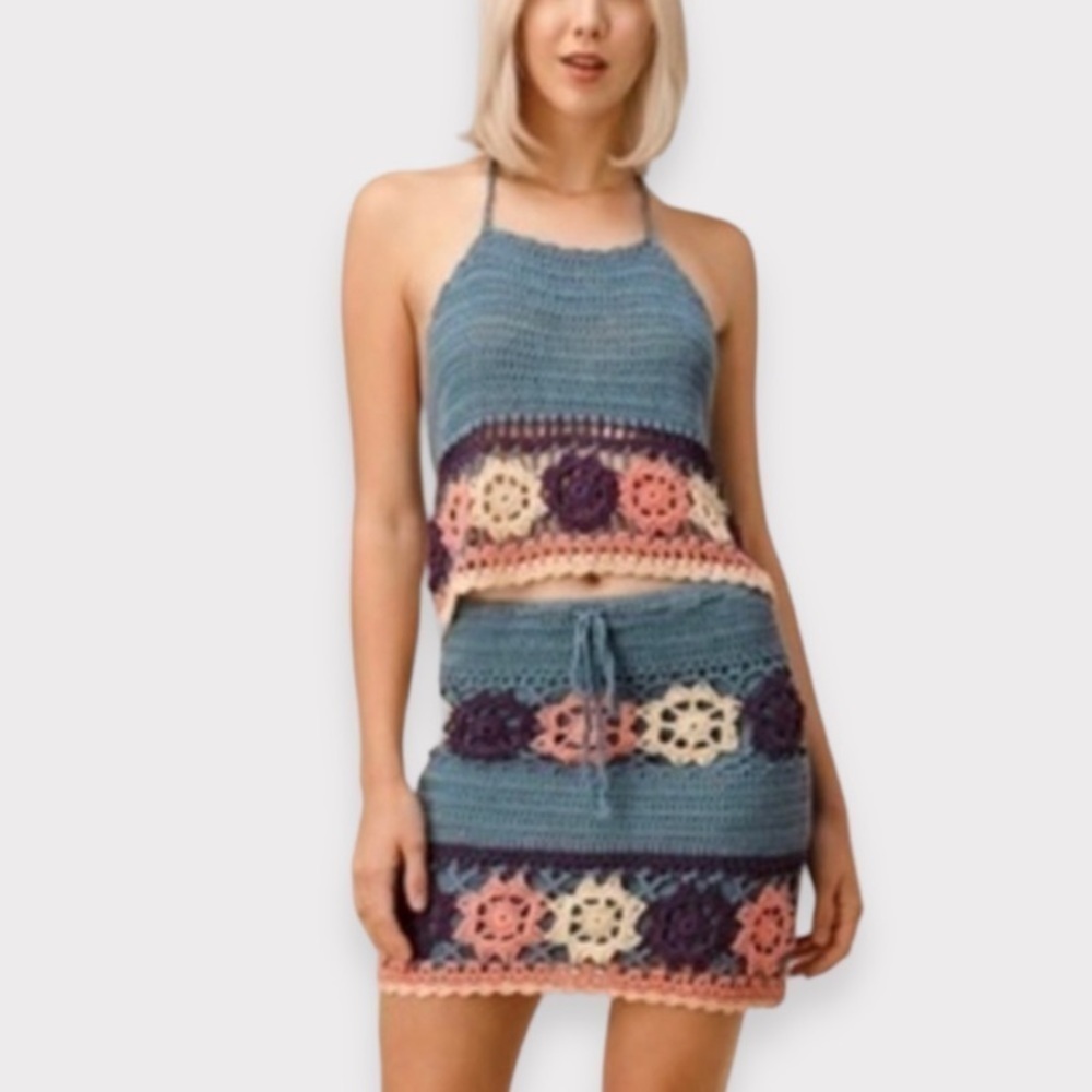 Boho Chic crochet halter top skirt set